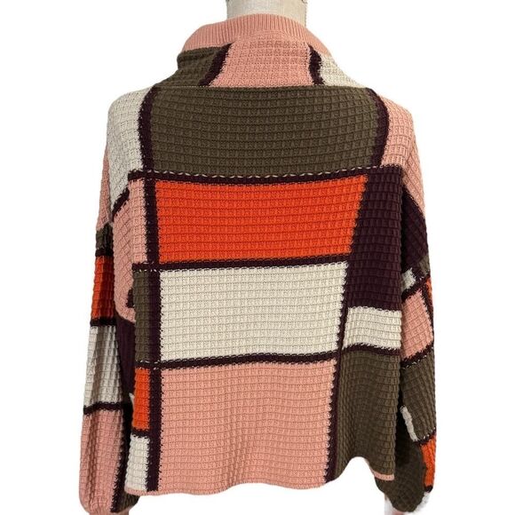 Women's Large Color Block Waffle Knit Cowl Neck Sweater, Peach/Orange/Brown - Picture 4 of 4